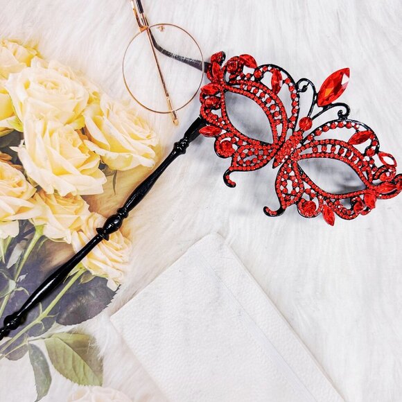 Red Masquerade Mask, Crystal Handheld Mask, Black Mask with Stick, Venetian Mask main image 9